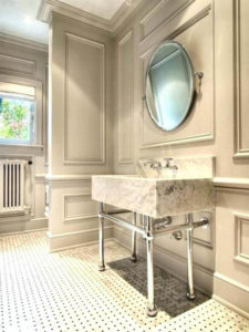 master bathroom with crown moulding