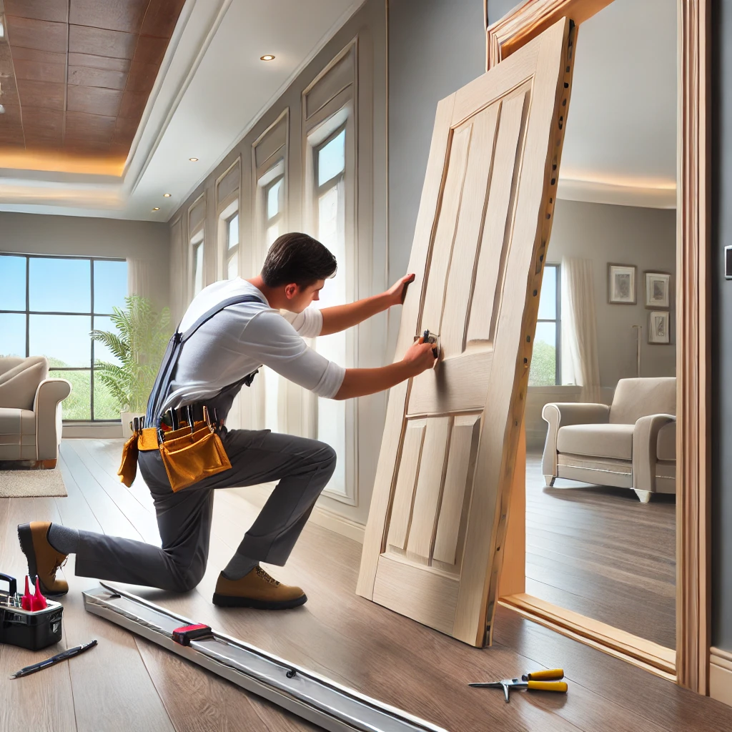 A finish carpenter installing a solid core door in the bedroom