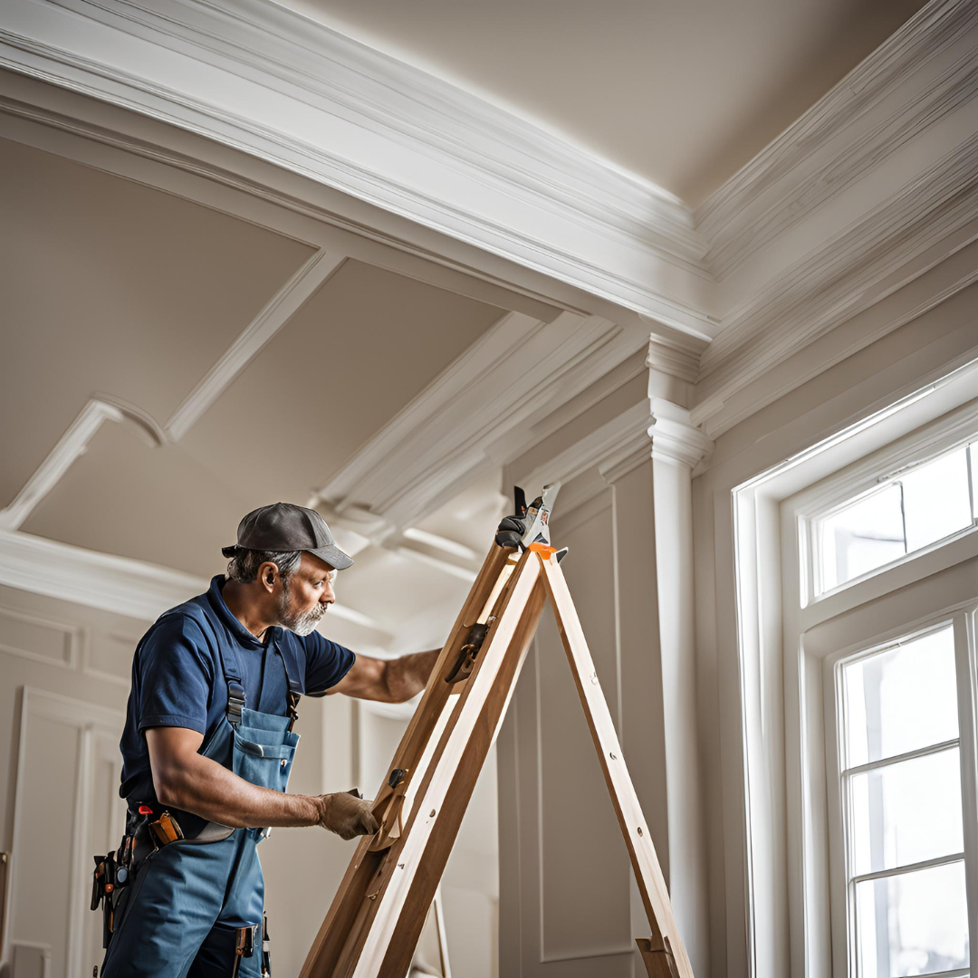 A finish carpenter on a ladder installing crown moulding