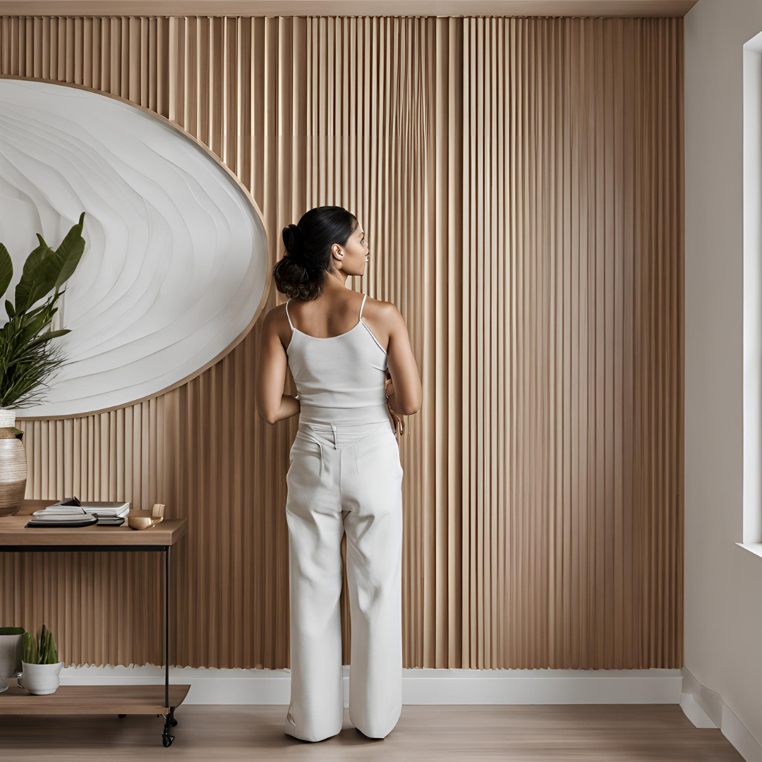 A Designer Admiring a Panel Wall Installed from a Finish Carpenter 