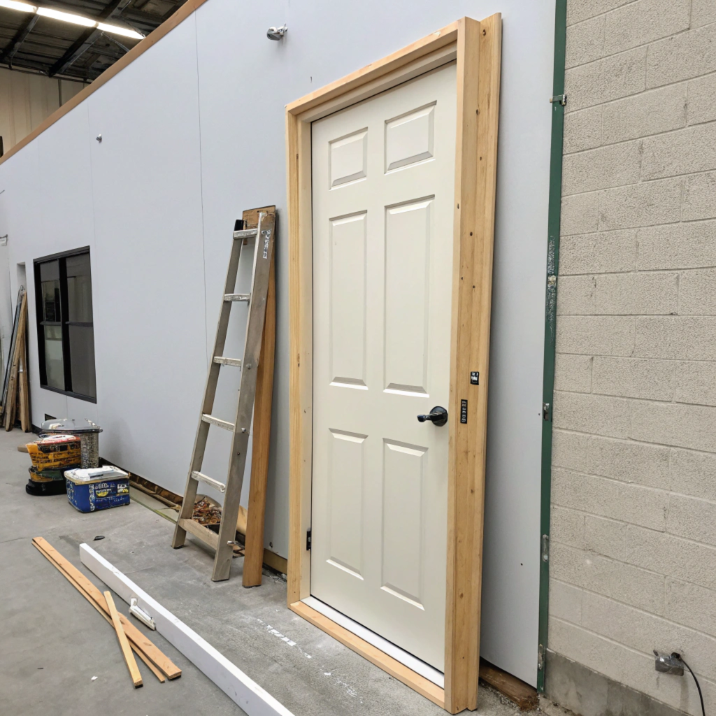 Pre-hung door waiting to be installed