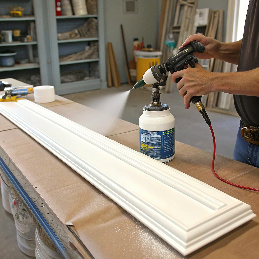 pre-painting trim moulding prior to installation with spray equipment 