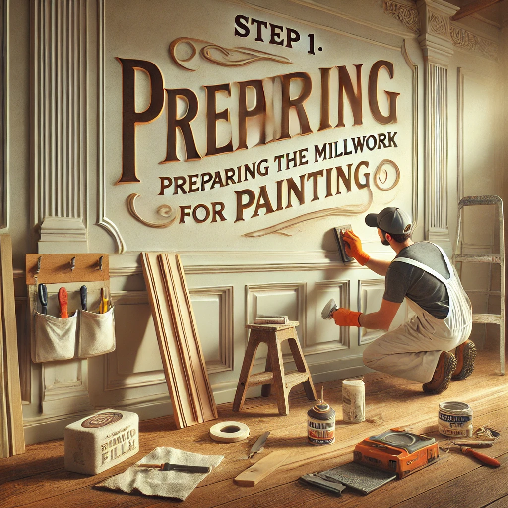 A professional painter sanding and cleaning trim, preparing for painting millwork, with tools like sandpaper, wood filler, and a putty knife in a well-lit workspace