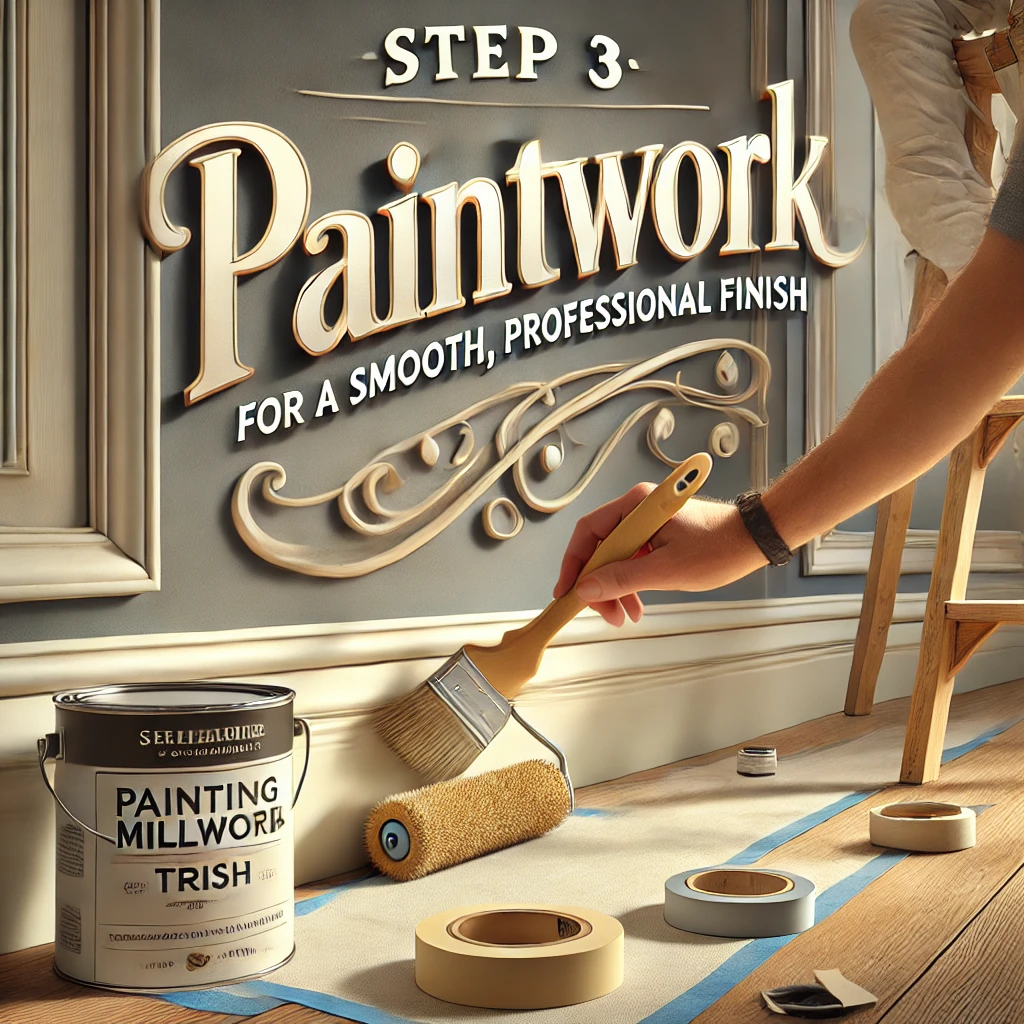 A painter applying a smooth coat of paint to trim, focusing on painting millwork, with a brush, paint can, and painter’s tape in a well-lit workspace.