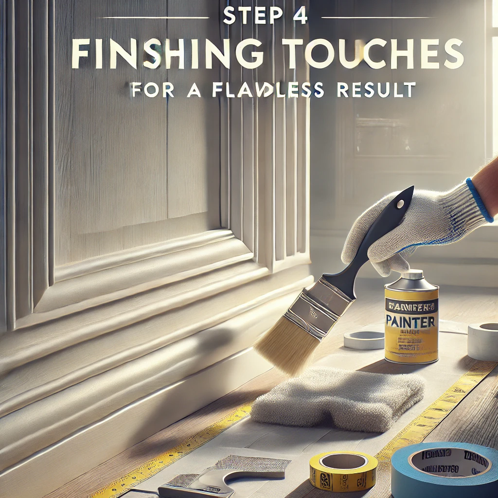 A painter making final touch-ups on freshly painted millwork trim, focusing on painting millwork, with painter’s tape, a sanding sponge, and a microfiber cloth in a well-lit workspac