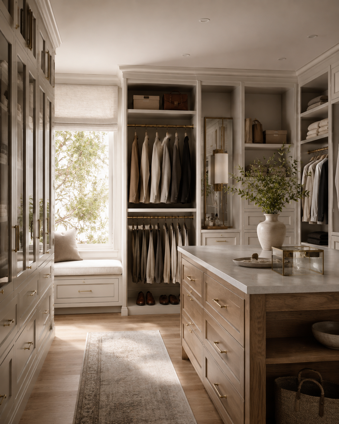 Custom walk-in closet cabinetry with shelving, drawers and island storage