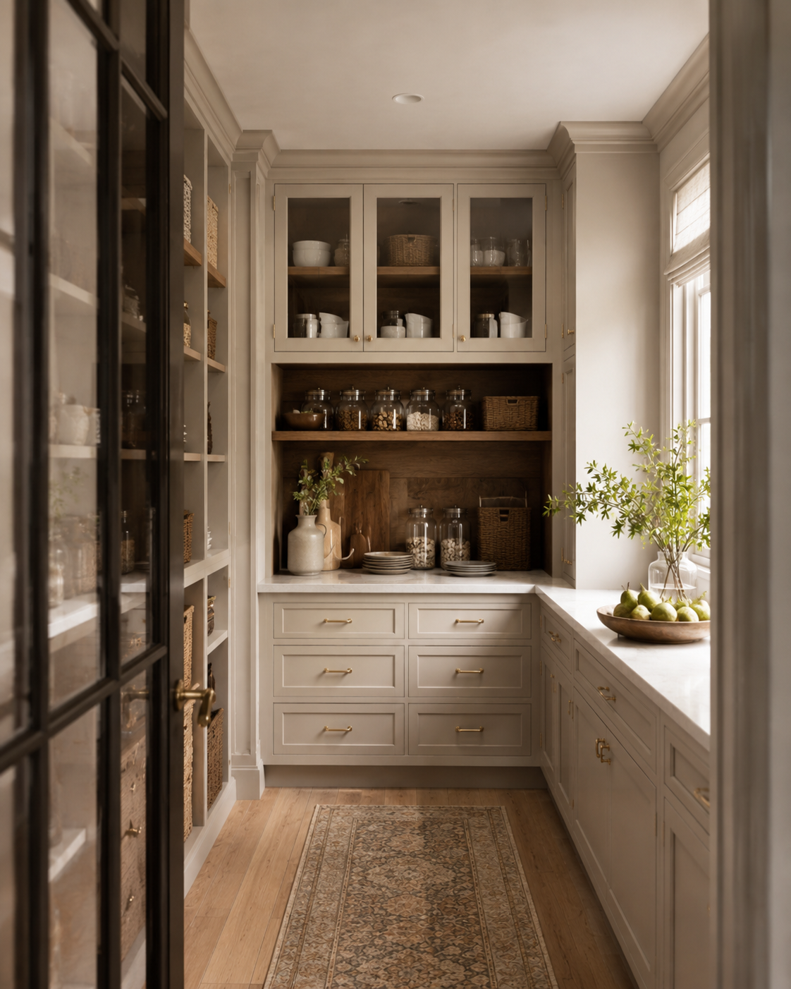 Custom pantry cabinetry with shelving, drawers and glass doors