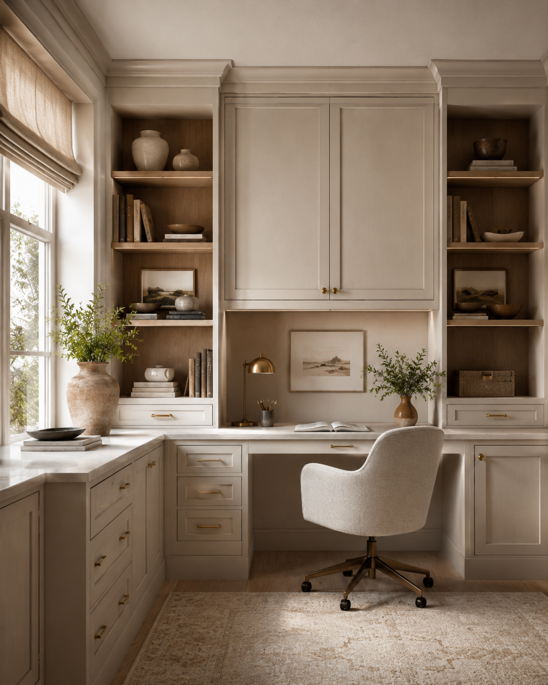 Custom home office cabinetry with built-in desk, shelving and storage