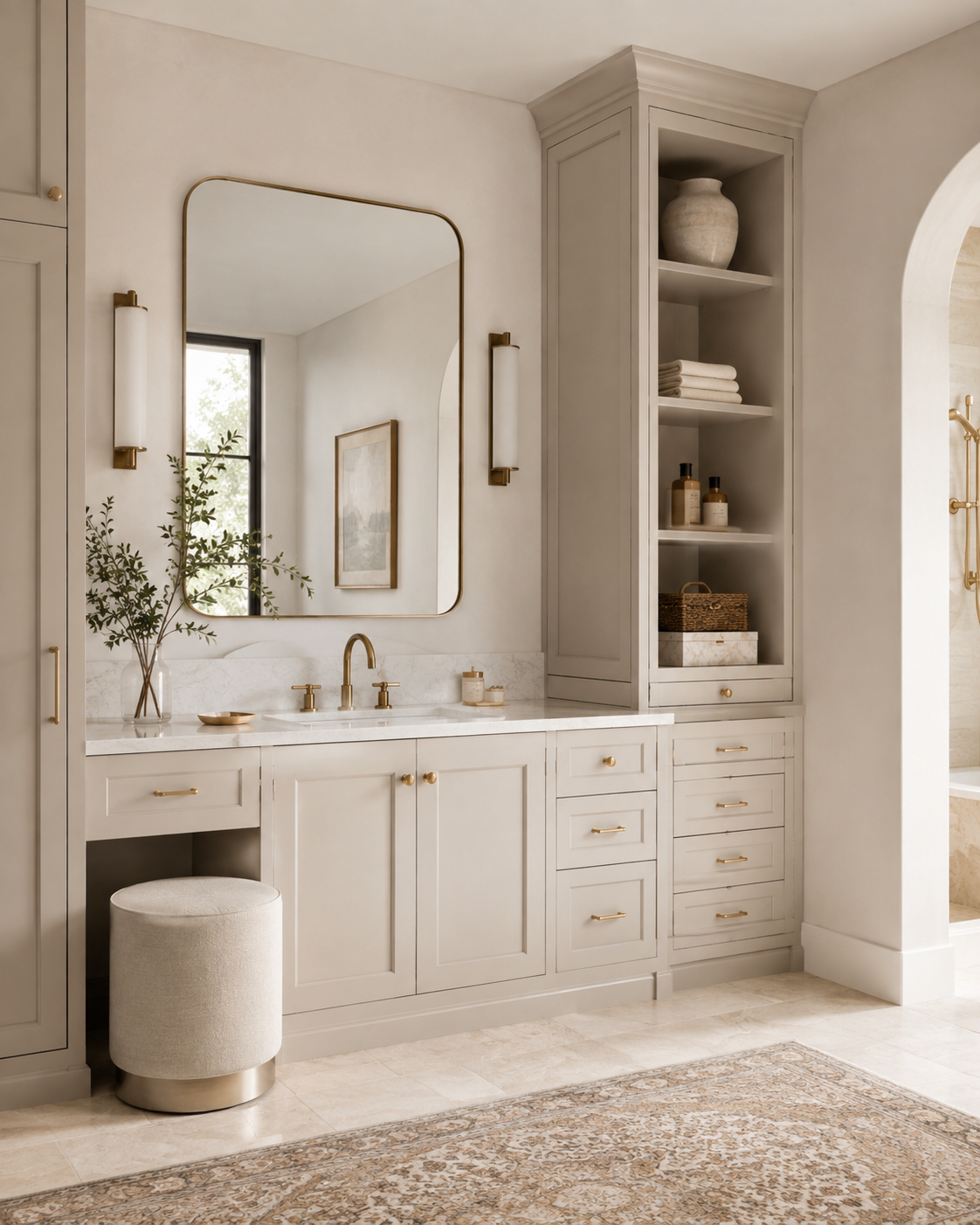 Custom bathroom vanity with integrated storage cabinetry