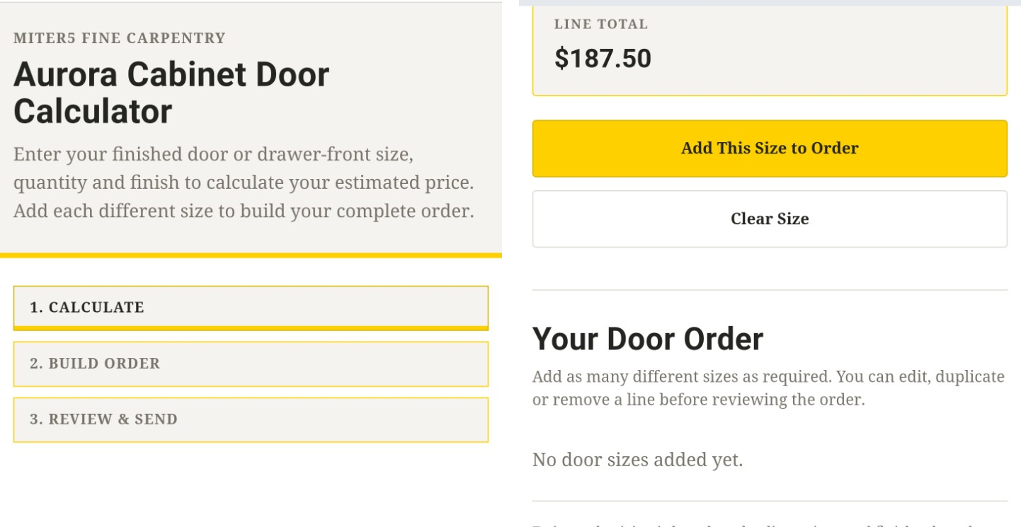 Miter5 online cabinet door calculator showing custom size and pricing options