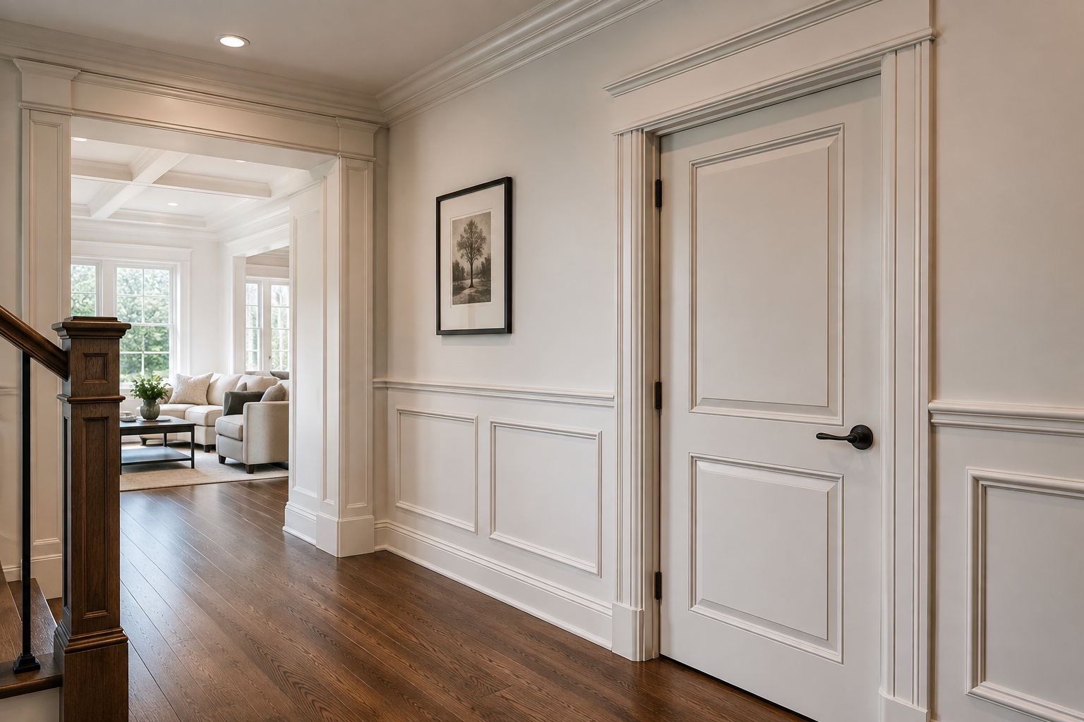 Interior trim work featuring wall panelling, mouldings, casing and detailed finish carpentry