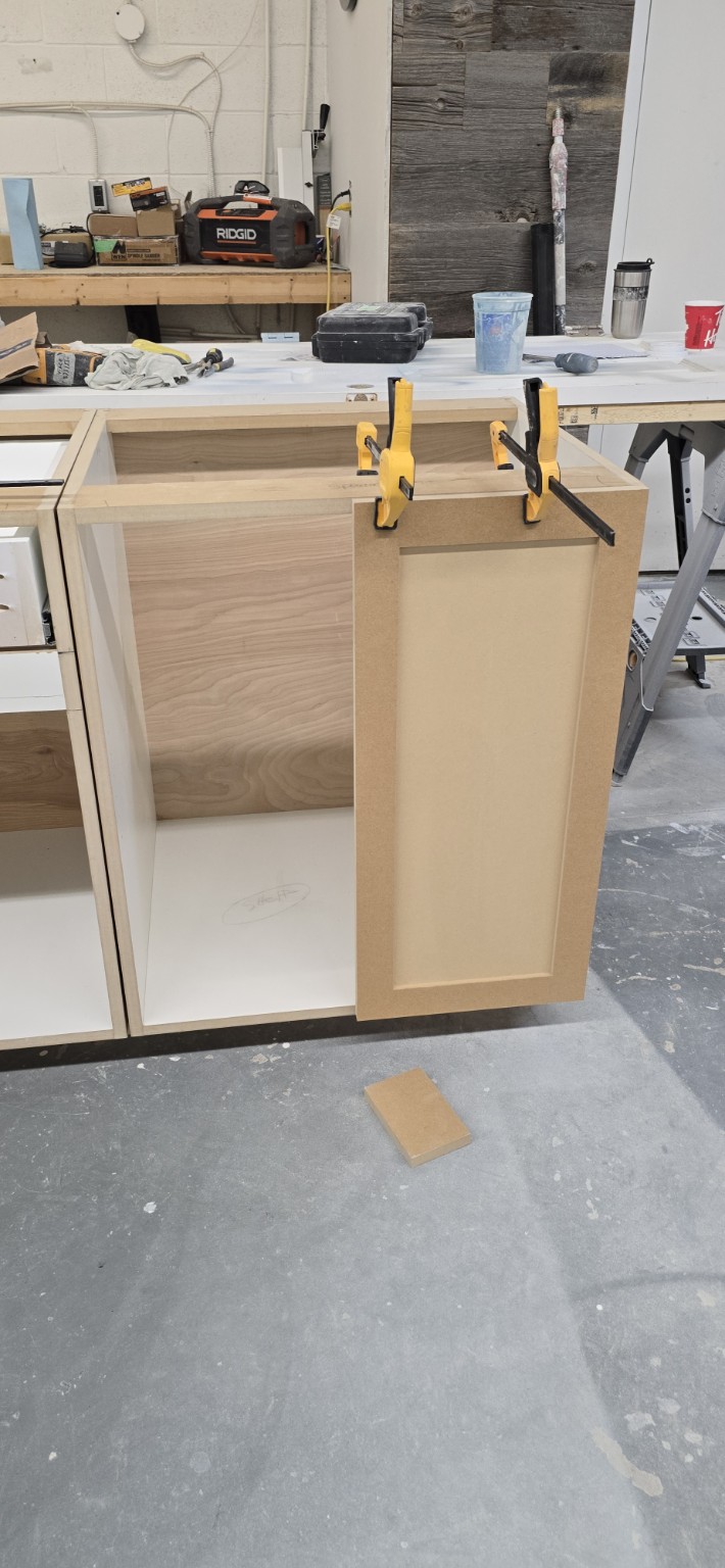 MDF closet built-in with birch plywood back and paint-grade Shaker door