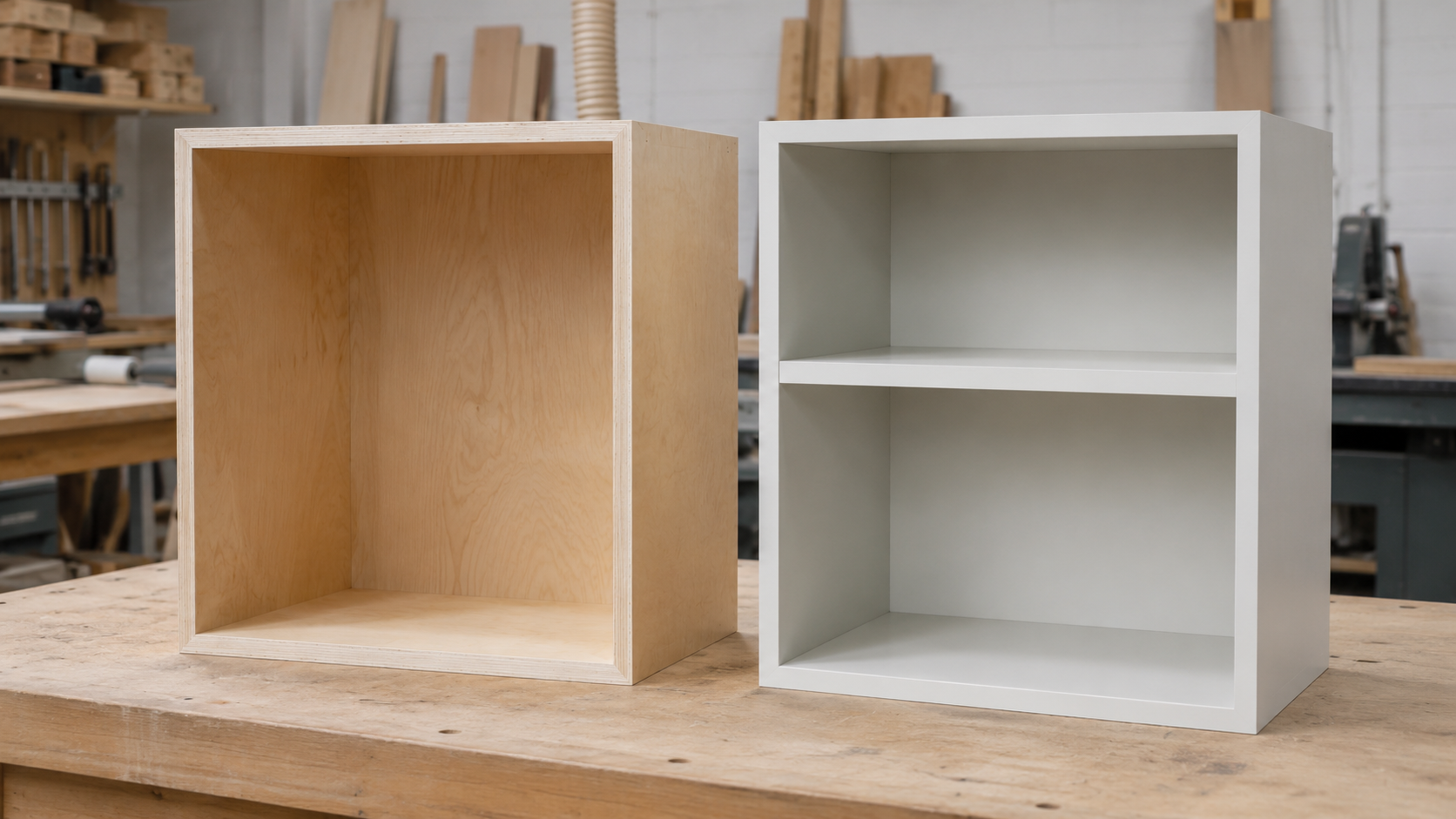 Painted MDF cabinet beside a prefinished birch plywood cabinet in a professional workshop