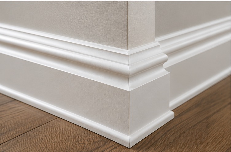 Professional baseboard installation with clean mitred corner detail