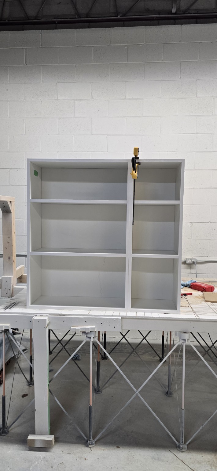 Painted MDF vanity cabinetry with edge banding and Renner 765 cabinet finish