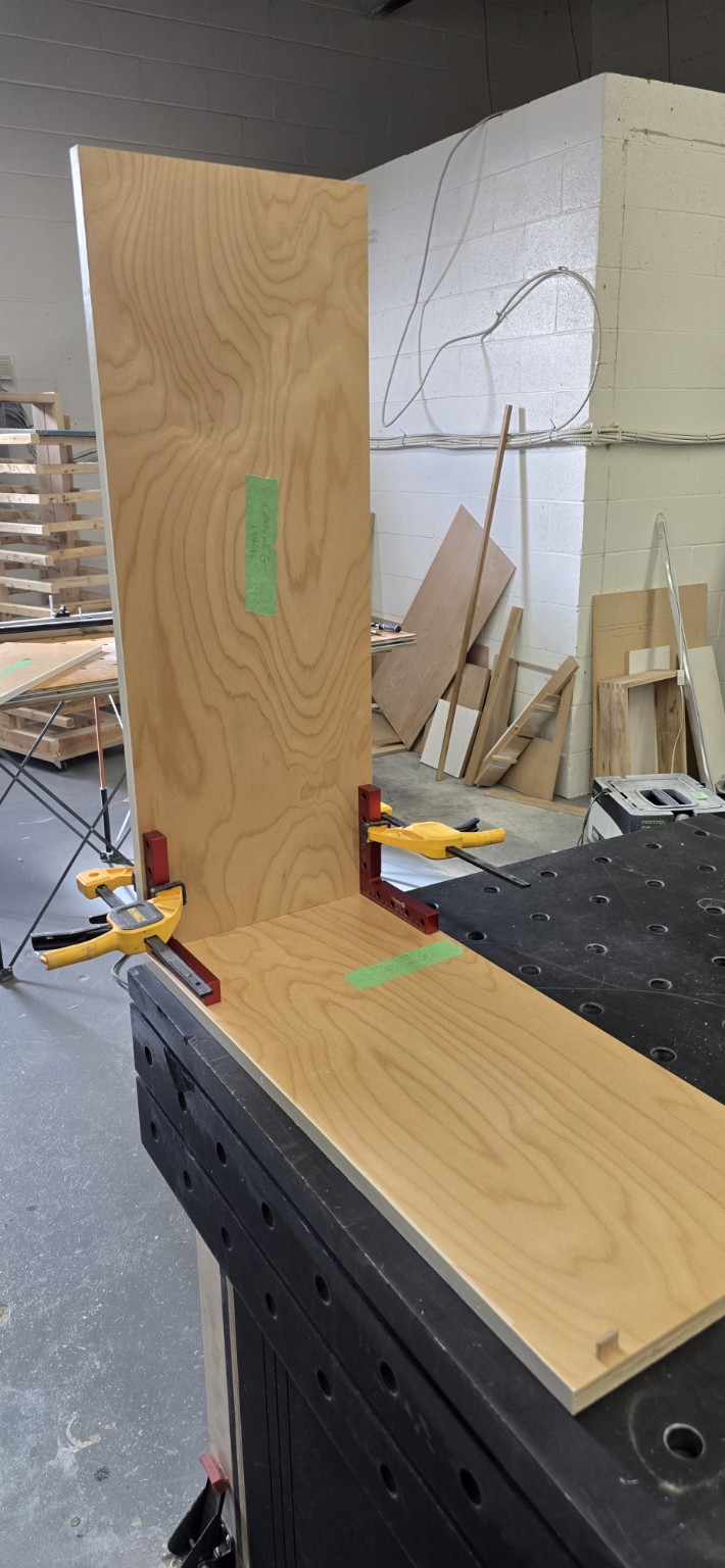 CNC-machined prefinished birch plywood cabinet being assembled in the Miter5 workshop