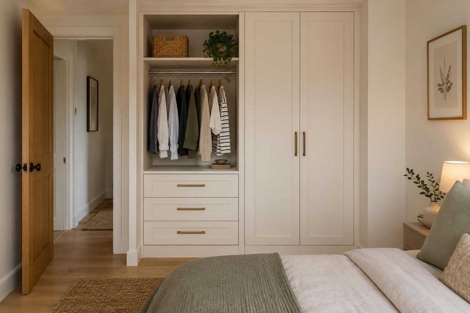 Bedroom alcove with fitted cupboards, open shelving and hanging storage