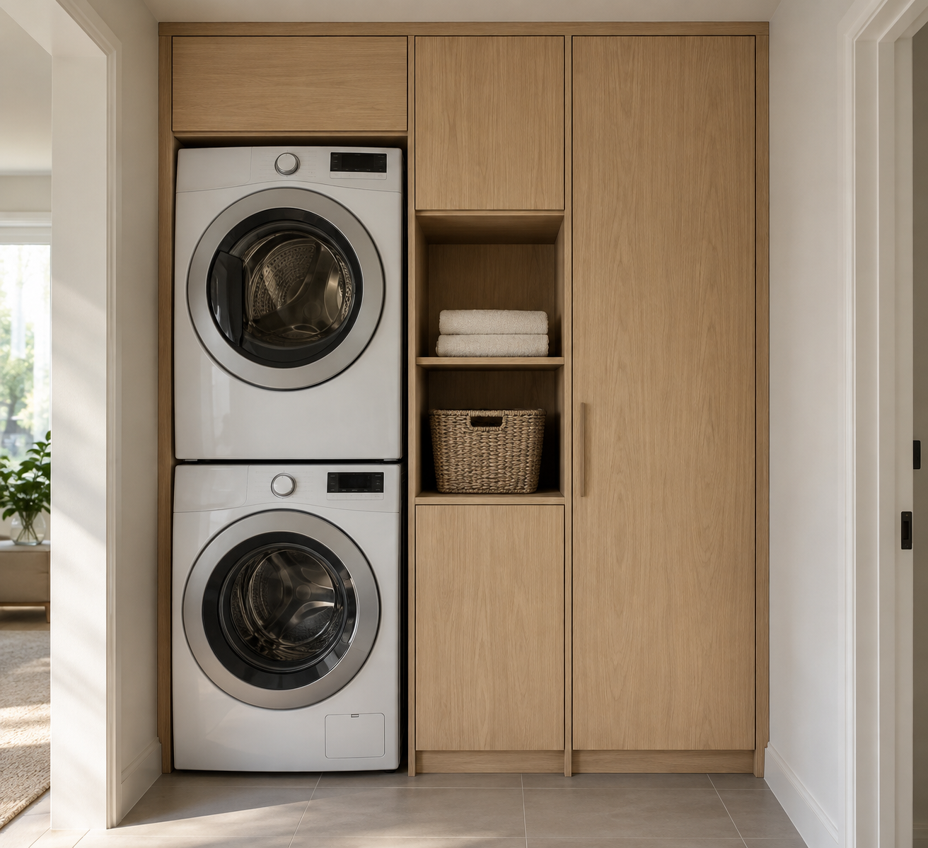 Compact laundry room cabinets beside stacked appliances and open shelving