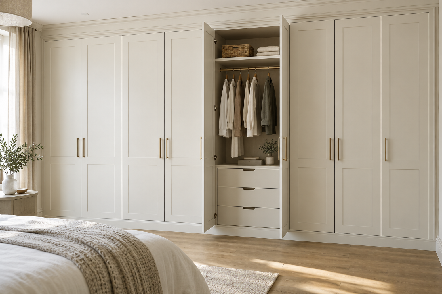 Full-height white fitted wardrobes with one open hanging bay and drawers