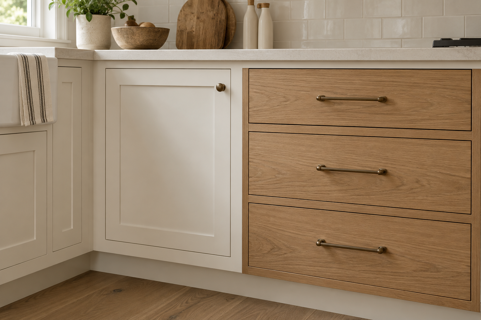 Painted shaker front beside an oak drawer bank with aligned gaps and handles
