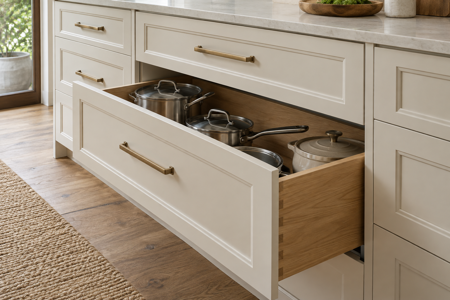 Open base drawer storing cookware beneath a pale work surface
