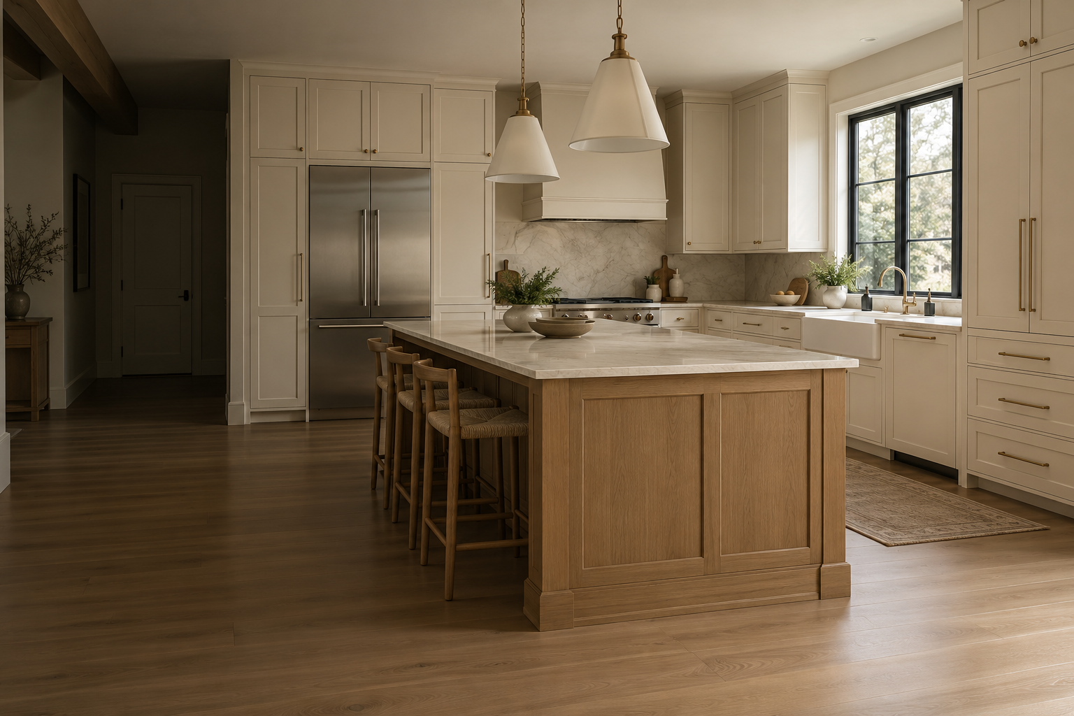Custom kitchen cabinets with cream painted fronts, an oak island and tall pantry storage