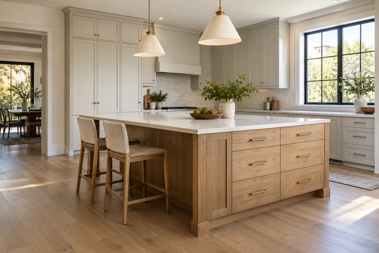 Oak kitchen island cabinetry with drawer storage and seating along the opposite side
