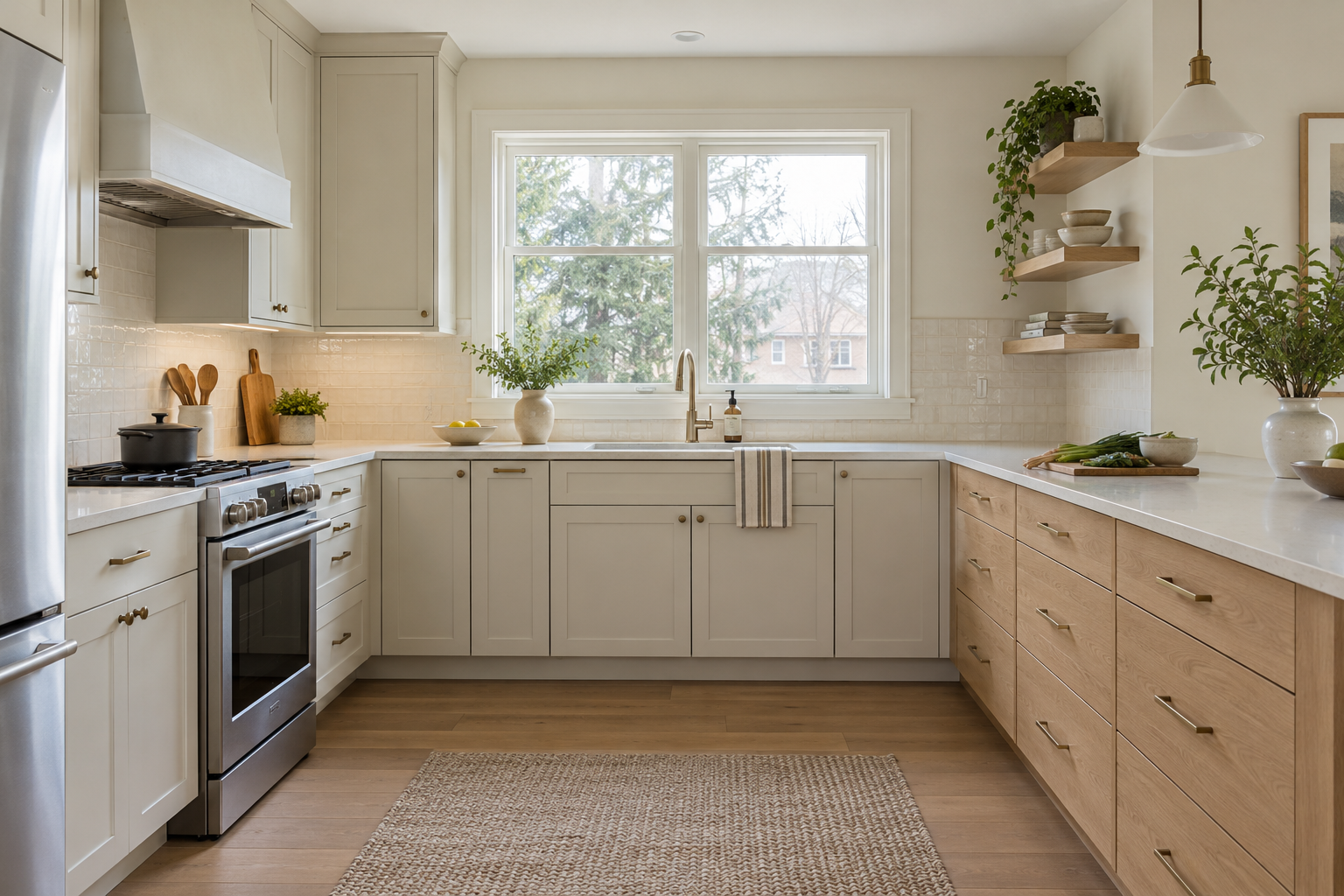 Fitted U-shaped kitchen cabinetry with painted upper cabinets and an oak drawer bank