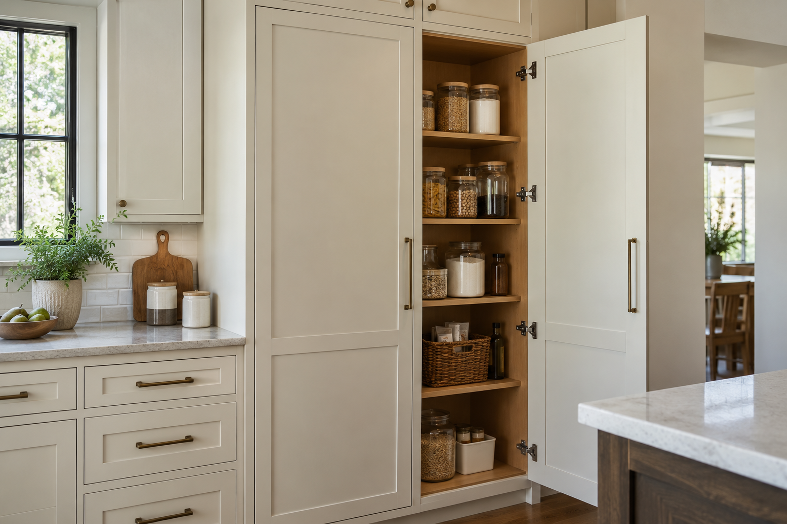 Tall painted pantry cupboard with an open door and shelves holding jars and containers