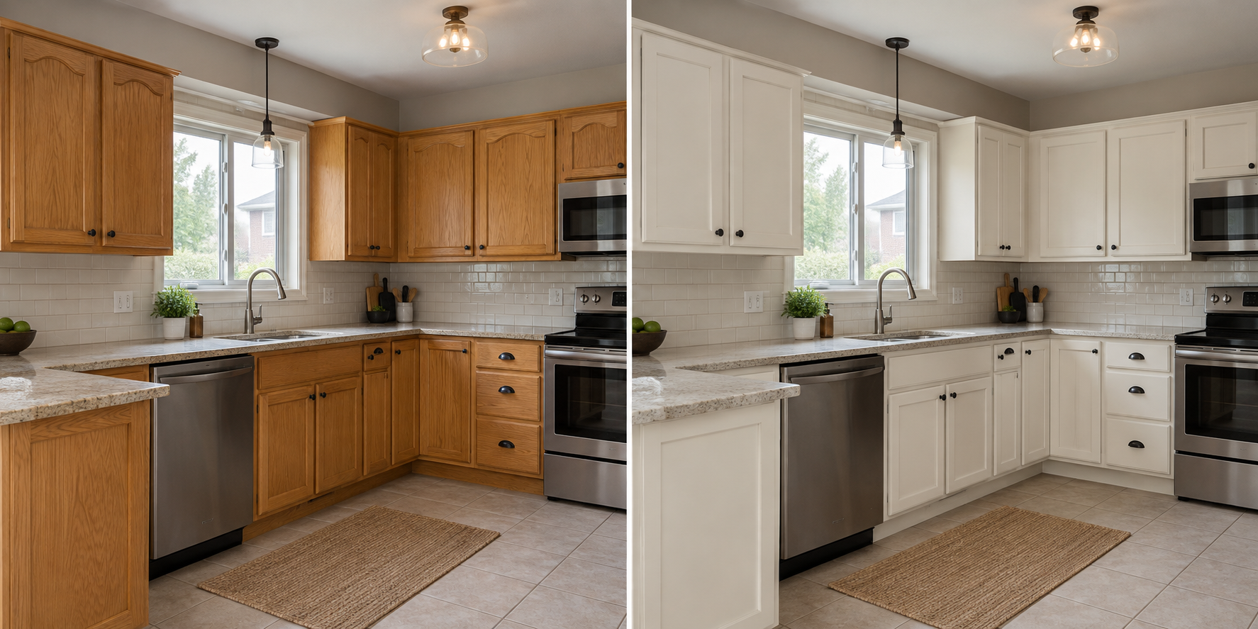Kitchen cabinet refacing in Toronto shown on the same kitchen before and after updating the cabinet fronts and visible surfaces