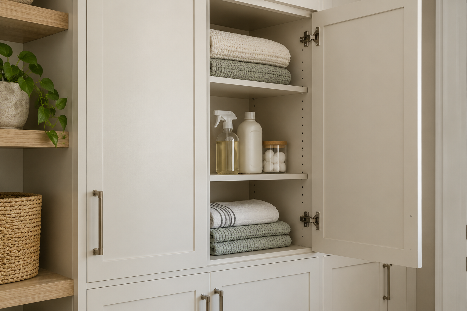 Open cupboard with shelves for folded linen and cleaning supplies