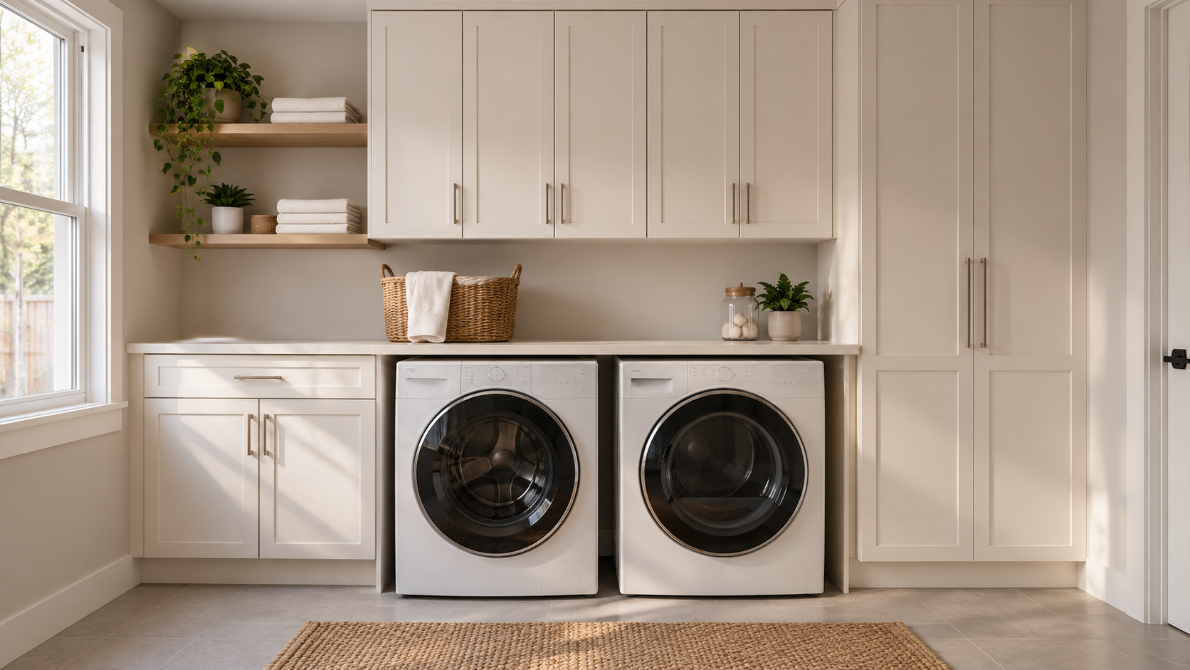 Custom laundry room cabinets with off-white shaker doors around side-by-side appliances