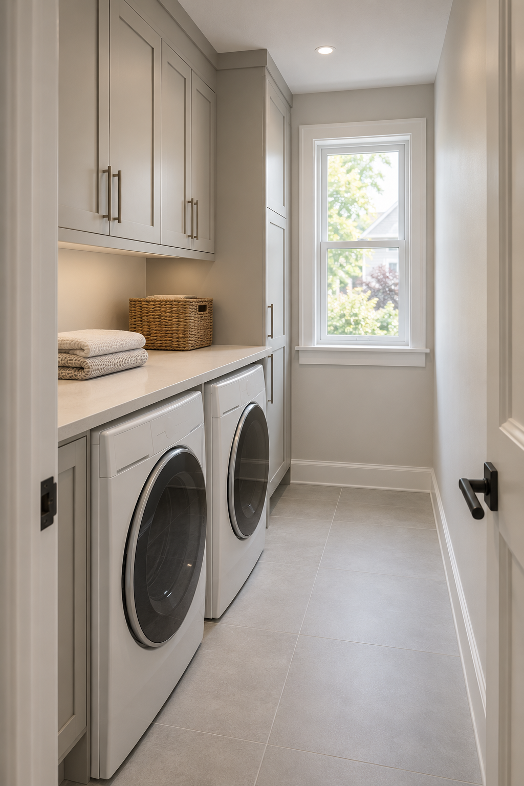Tall cupboards and wall-mounted storage beside a clear walking aisle