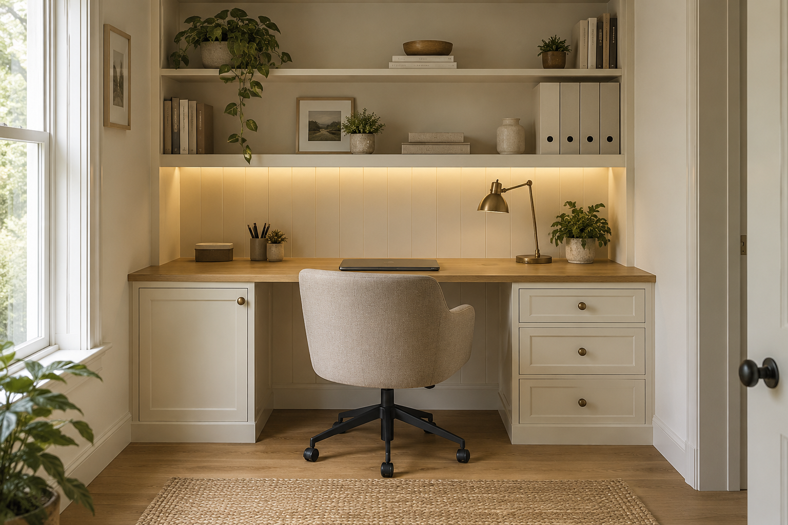 Compact home office built-in desk and shelving fitted into an alcove