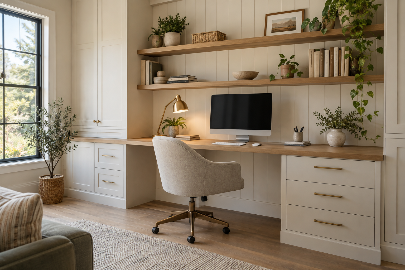 Fitted home office desk with a clear knee space, drawer bank and shelves above