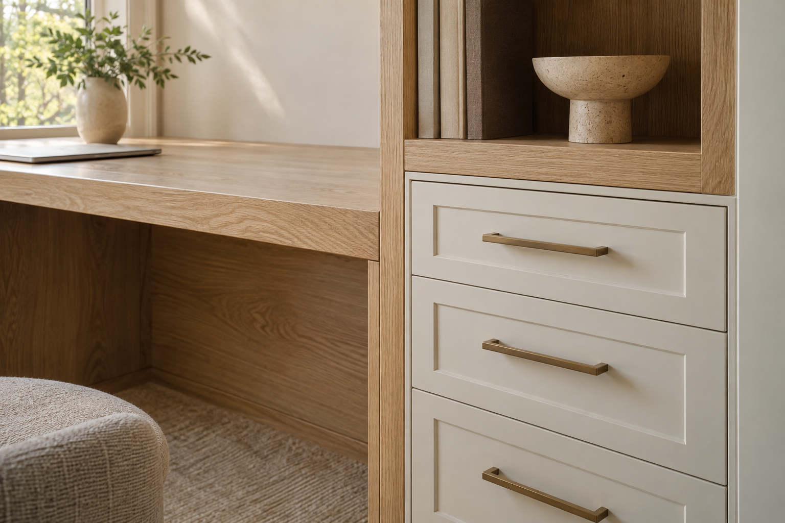 Oak work surface meeting a painted drawer bank with aligned cabinet fronts