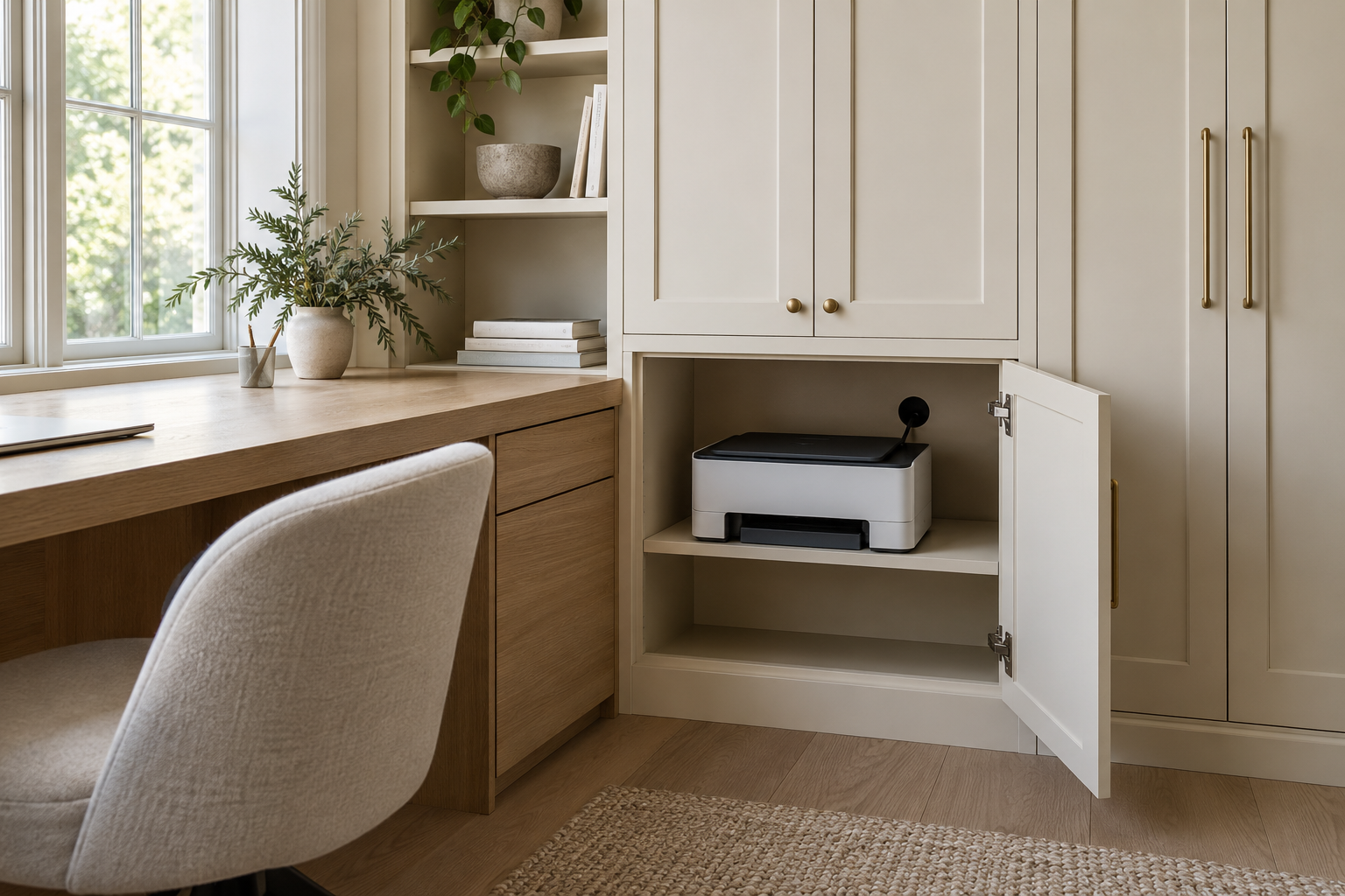 Compact printer on a shelf inside an open cream cabinet beside a work surface