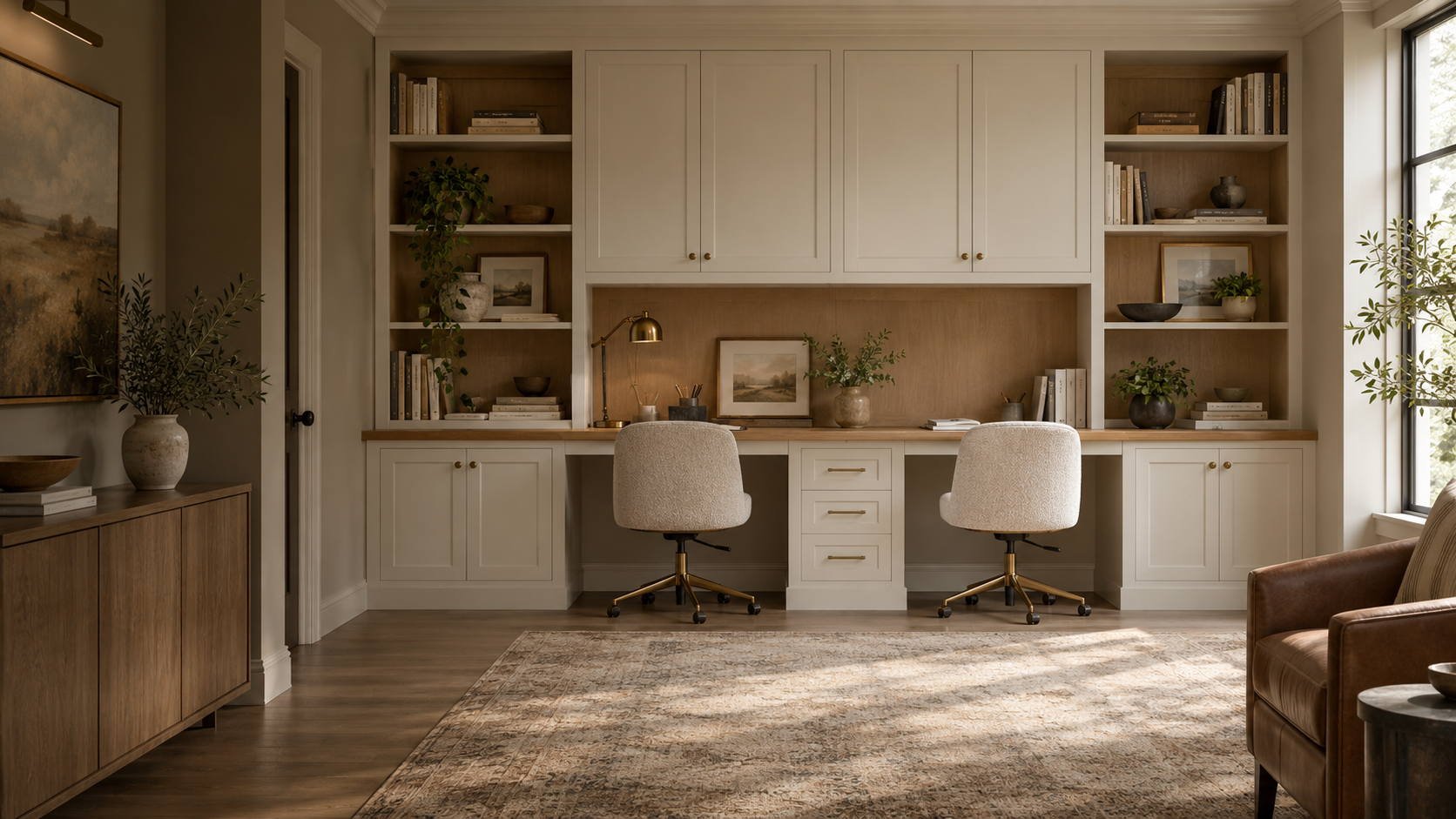 Custom home office built-in with oak desks, painted cabinets and fitted bookshelves
