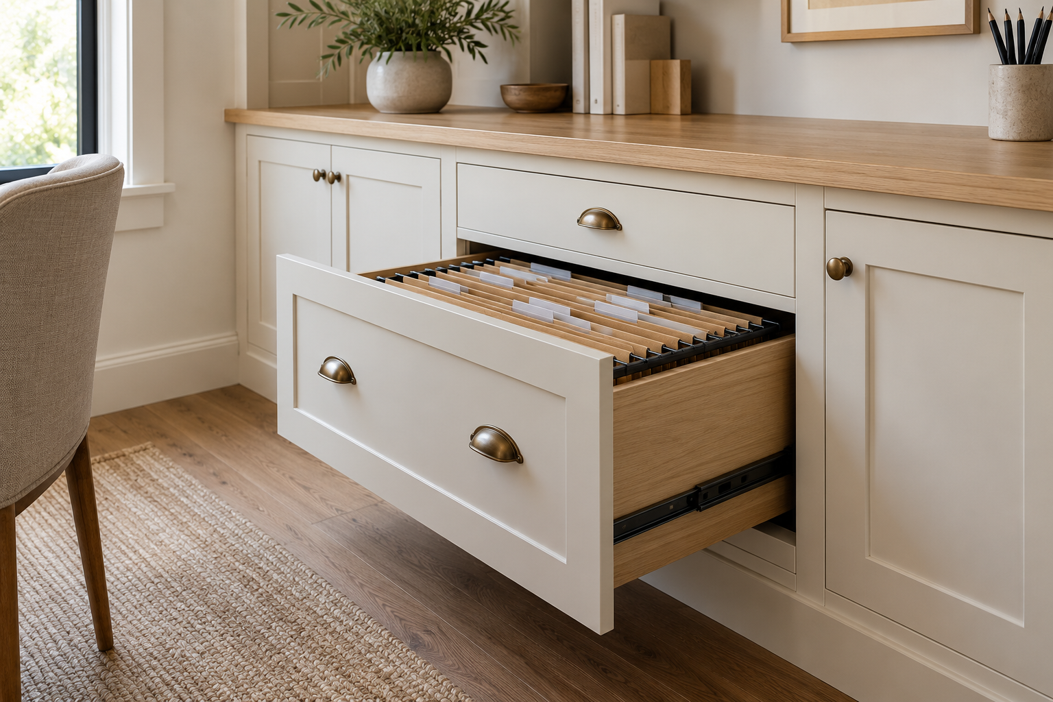 Open painted file drawer holding organised hanging folders beneath an oak work surface