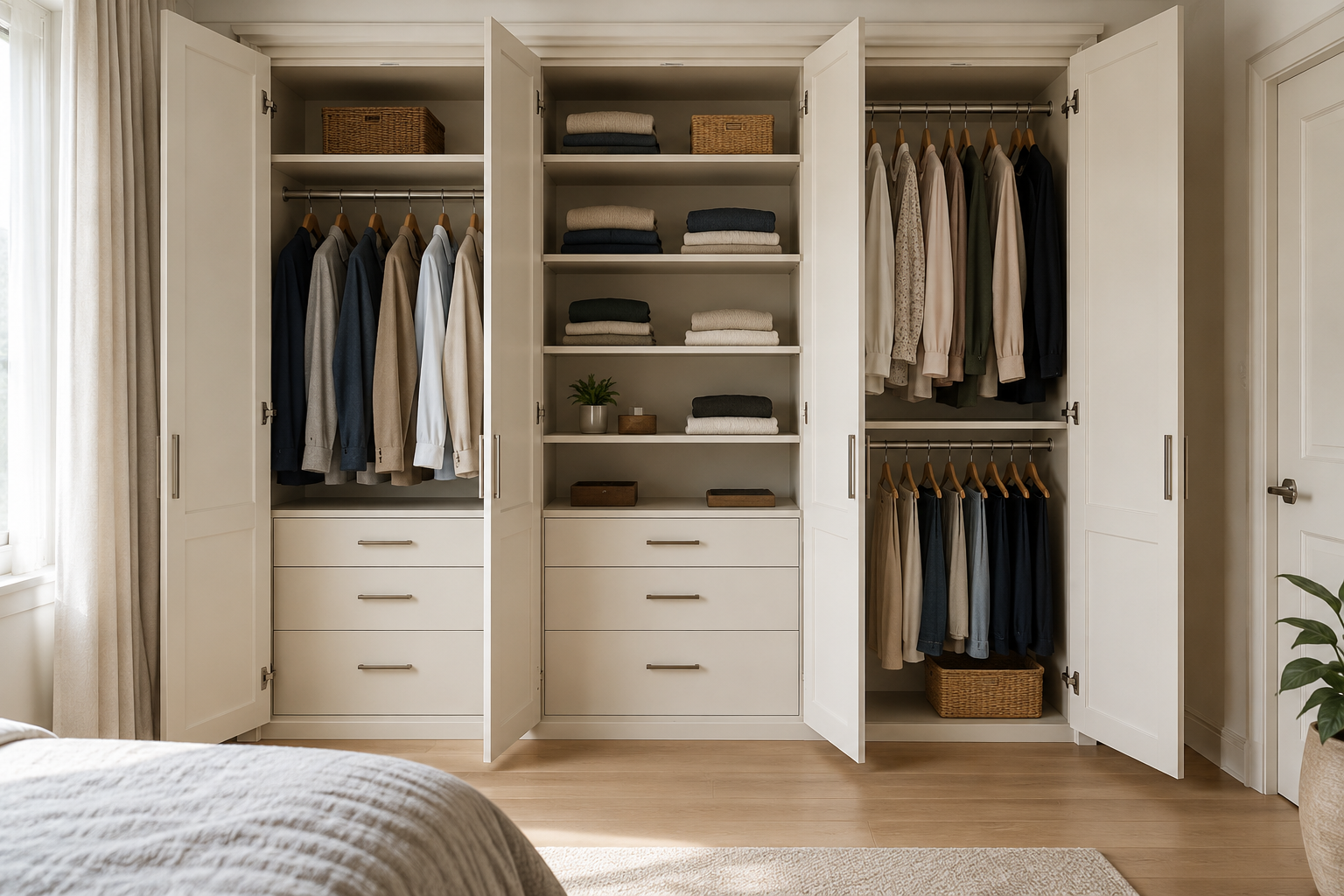White reach-in closet with cabinet doors, hanging space and lower drawers