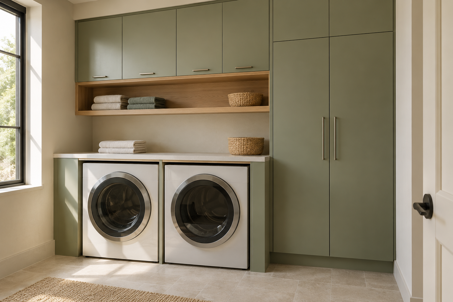 Sage-green laundry room cabinets with flat-panel doors and wood shelving