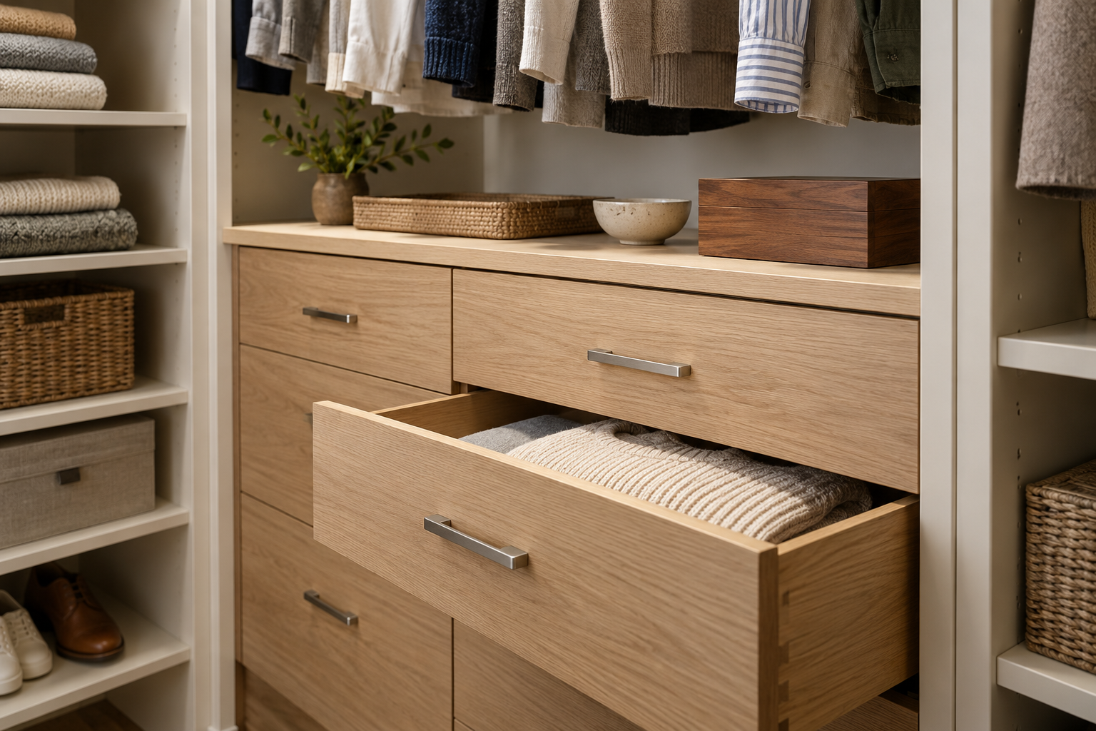 Oak drawers and fitted shelves holding folded clothing