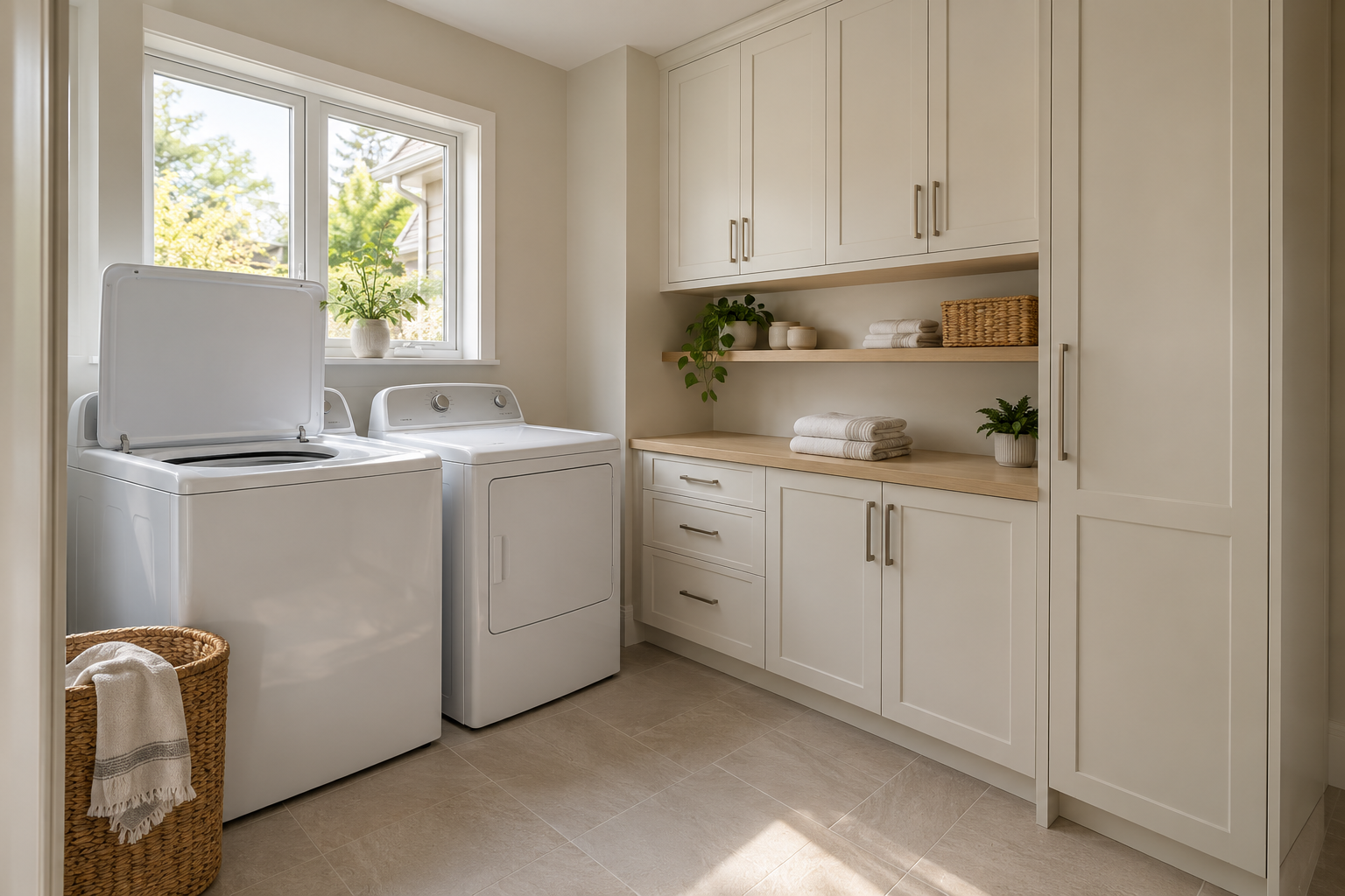 Top-loading washer with its lid open beside wall cupboards