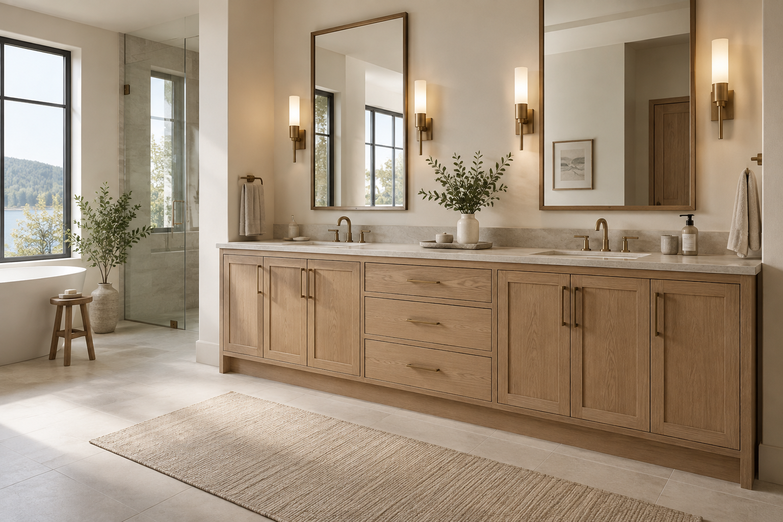 Long oak cabinet with two basin zones and a central drawer bank
