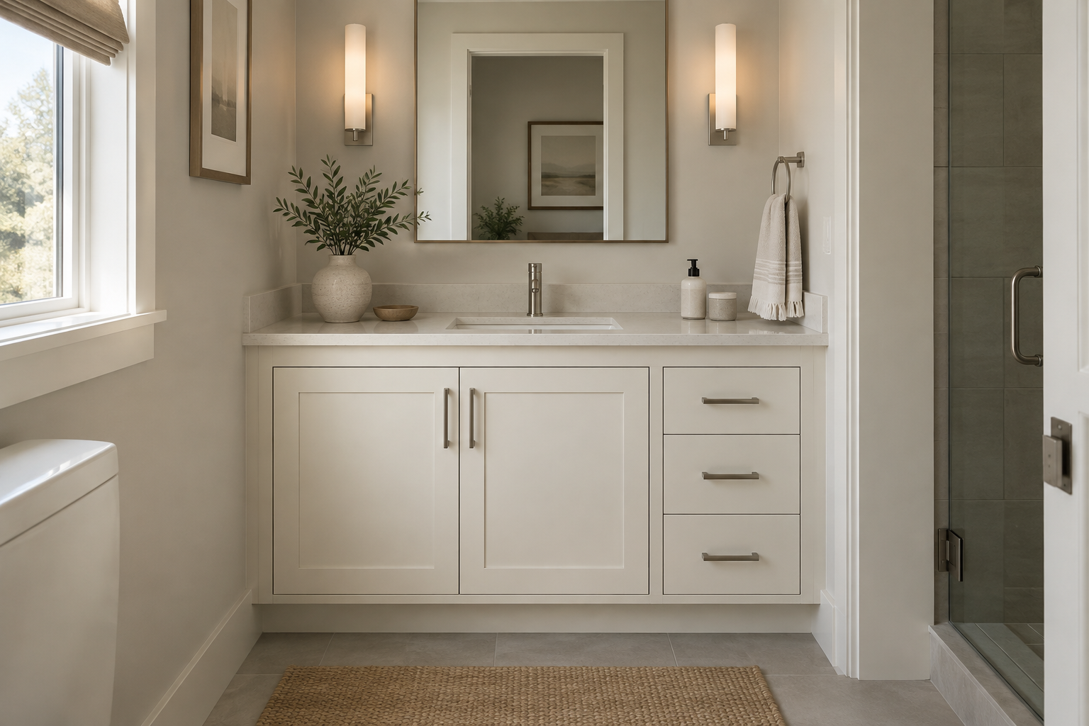 Off-white shaker bathroom vanity fitted between walls with a cupboard and drawer bank