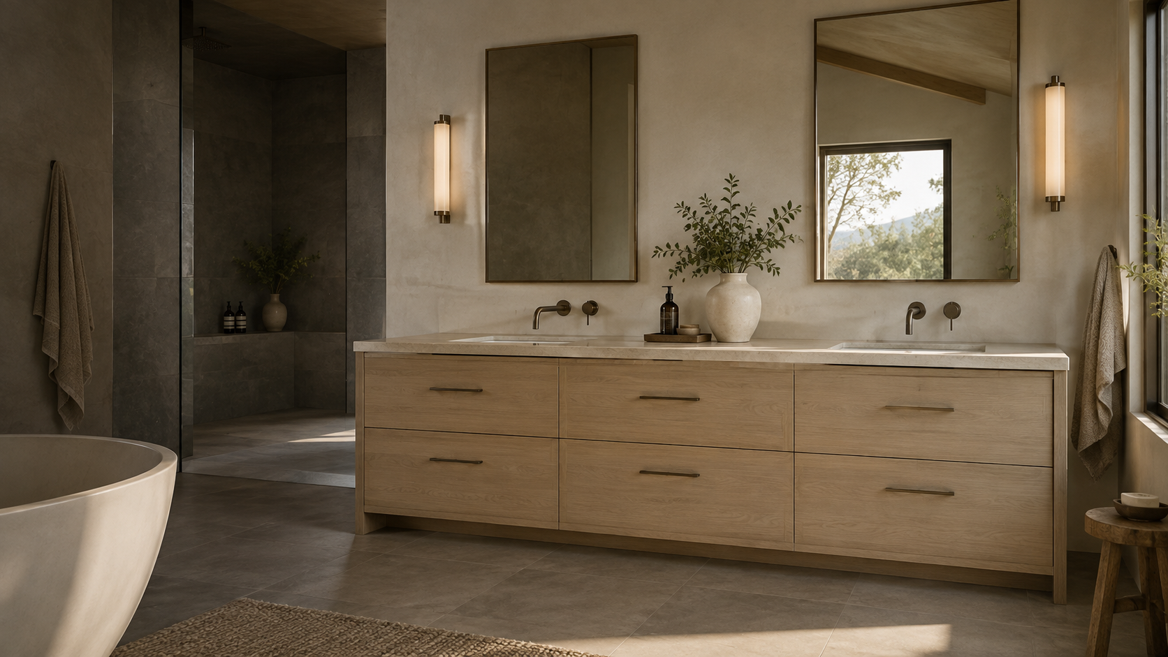 Custom bathroom vanity with oak drawer fronts and two basins in a warm neutral ensuite