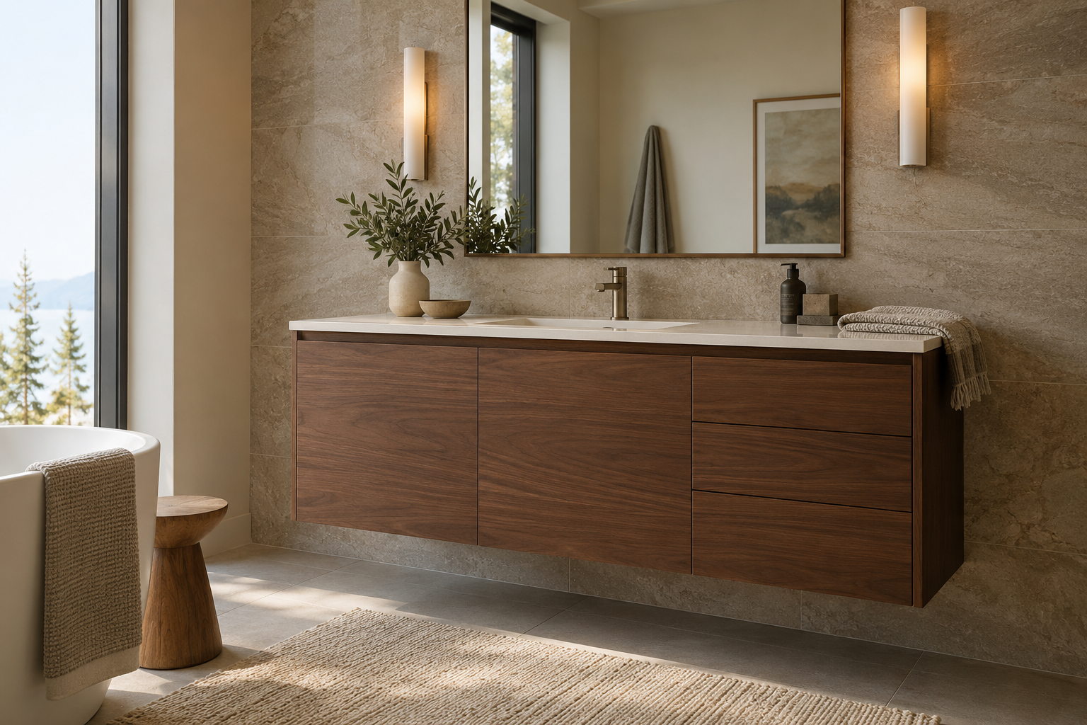 Walnut wall-mounted bathroom vanity with flat-panel doors and drawers