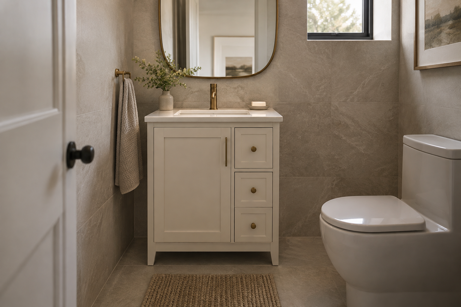 Compact cream cabinet with a single basin in a small powder room