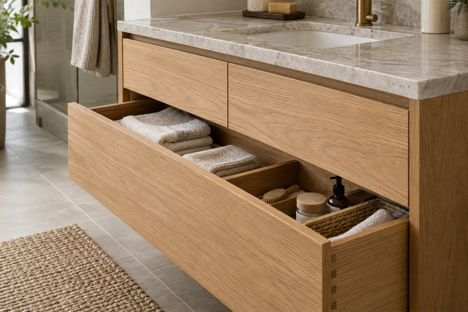 Open oak drawer organised with towels and bathroom essentials