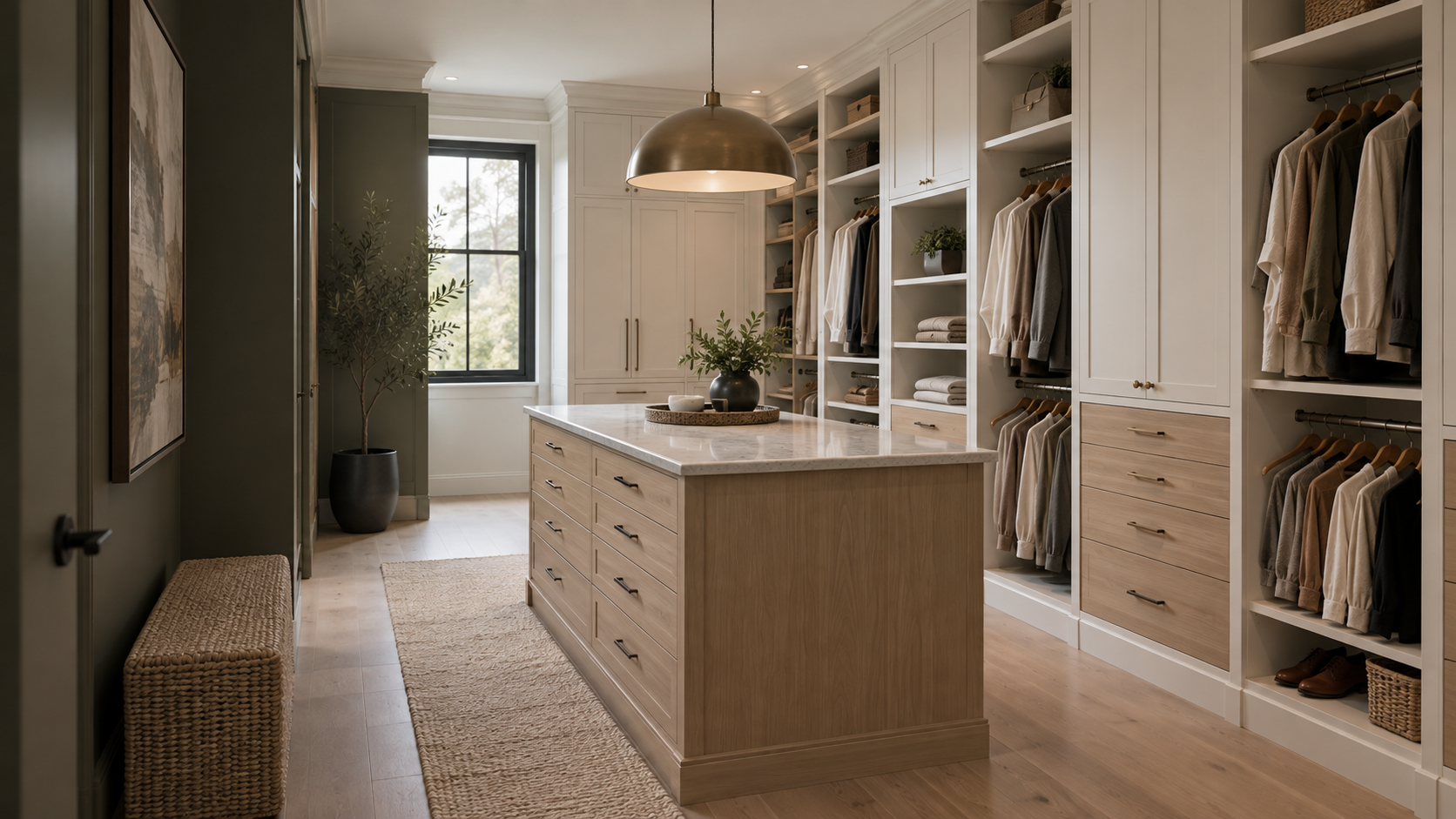 Walk-in custom closet with full-height cabinetry, hanging bays and an oak drawer island